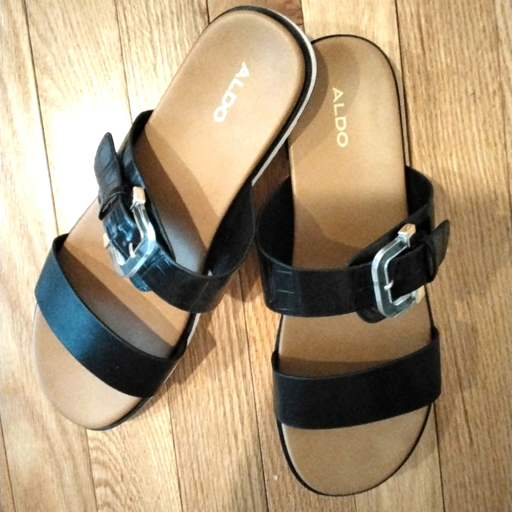 - - Aldo croc strap large adjustable buckle rubber sole slip on sandals